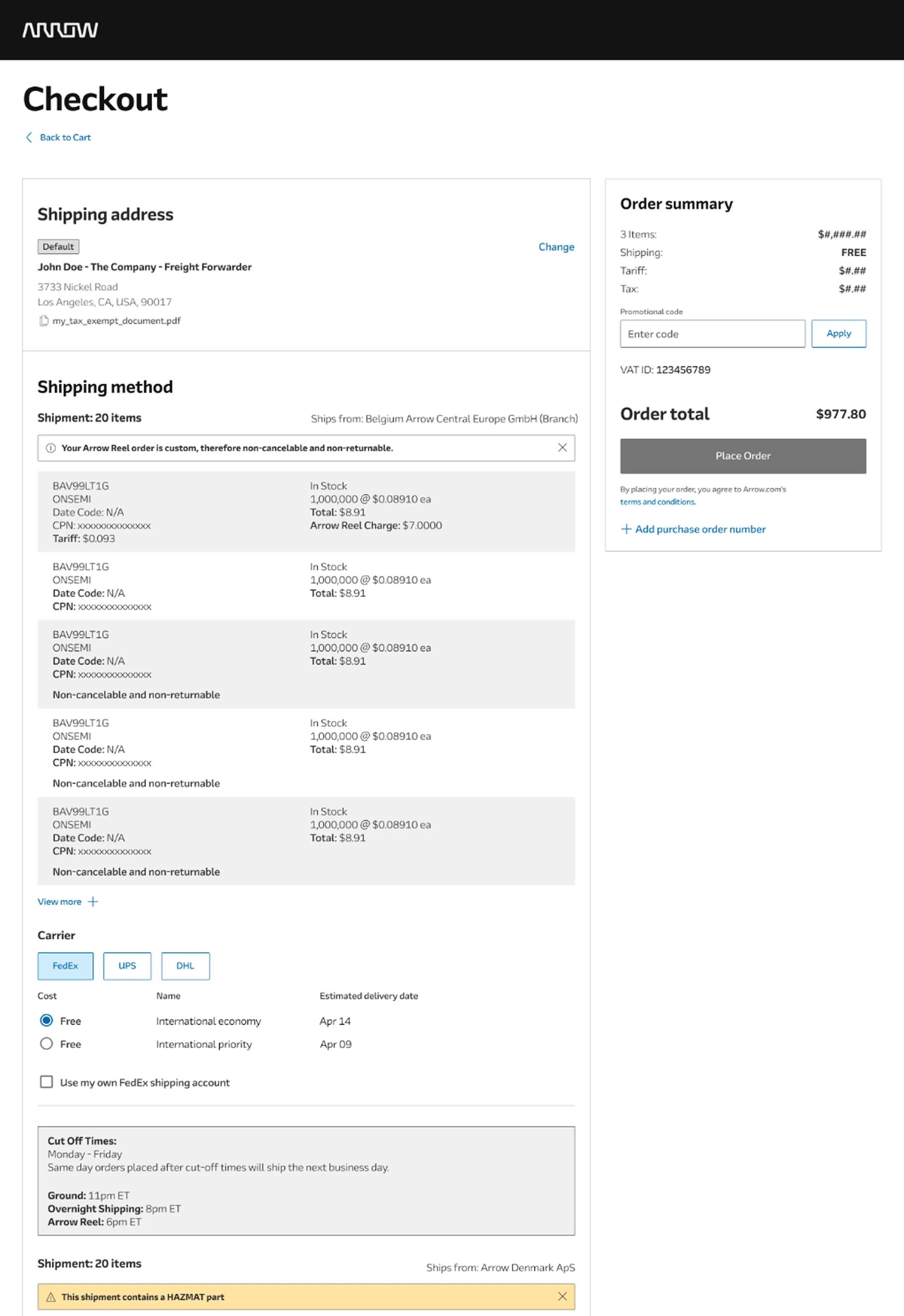 Arrow Electronics Checkout screen showing two shipment groups stacked, each with a distinct origin header (Belgium Arrow Central Europe and Arrow Denmark ApS), per-item stock and pricing, carrier selection between FedEx, UPS, and DHL, and cutoff times.