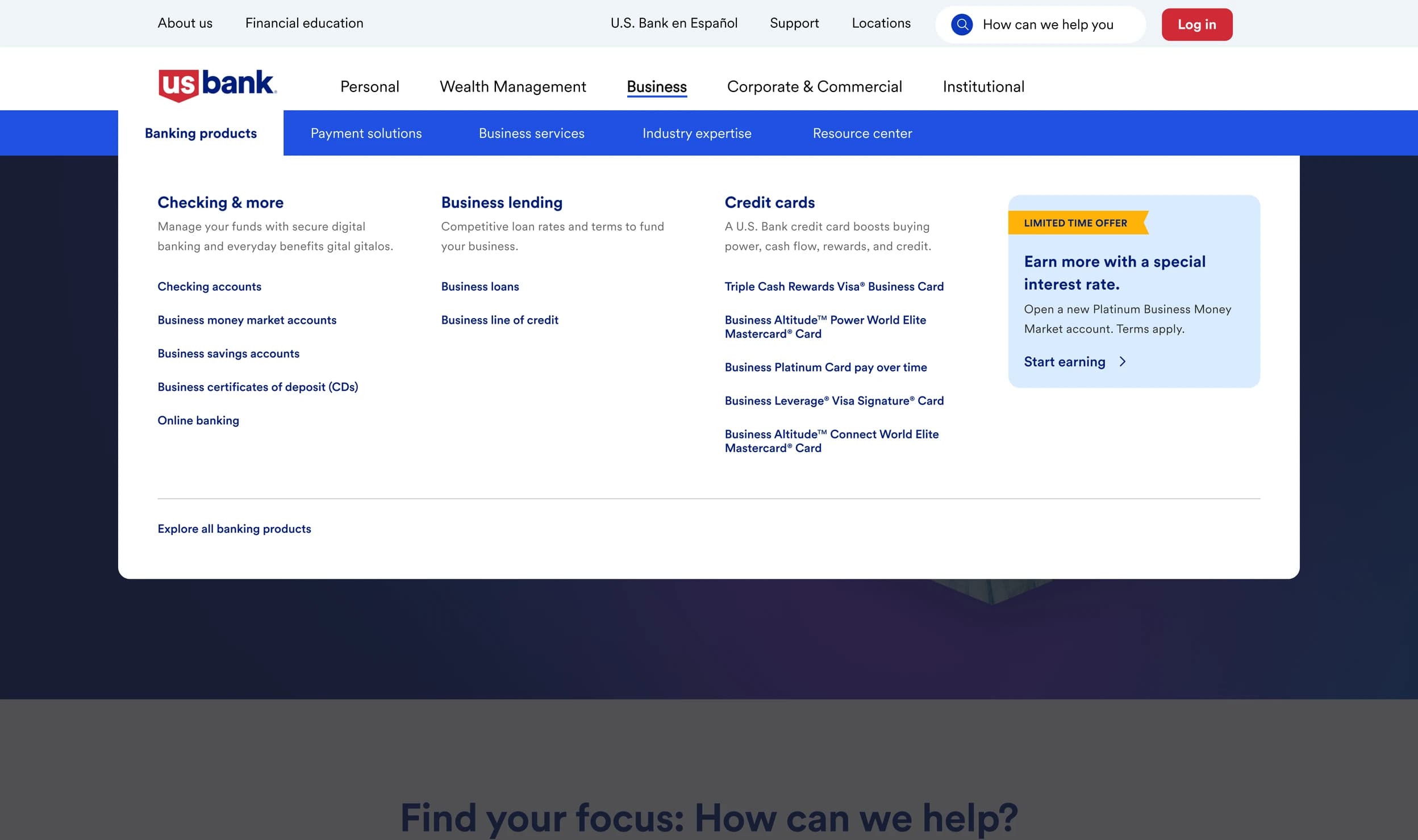 Business Banking navigation panel showing parallel product columns with horizontal subsection tabs above, an 'Explore all' anchor per column, a featured-offer panel running as a peer to the columns, and a primary CTA at the bottom-left.
