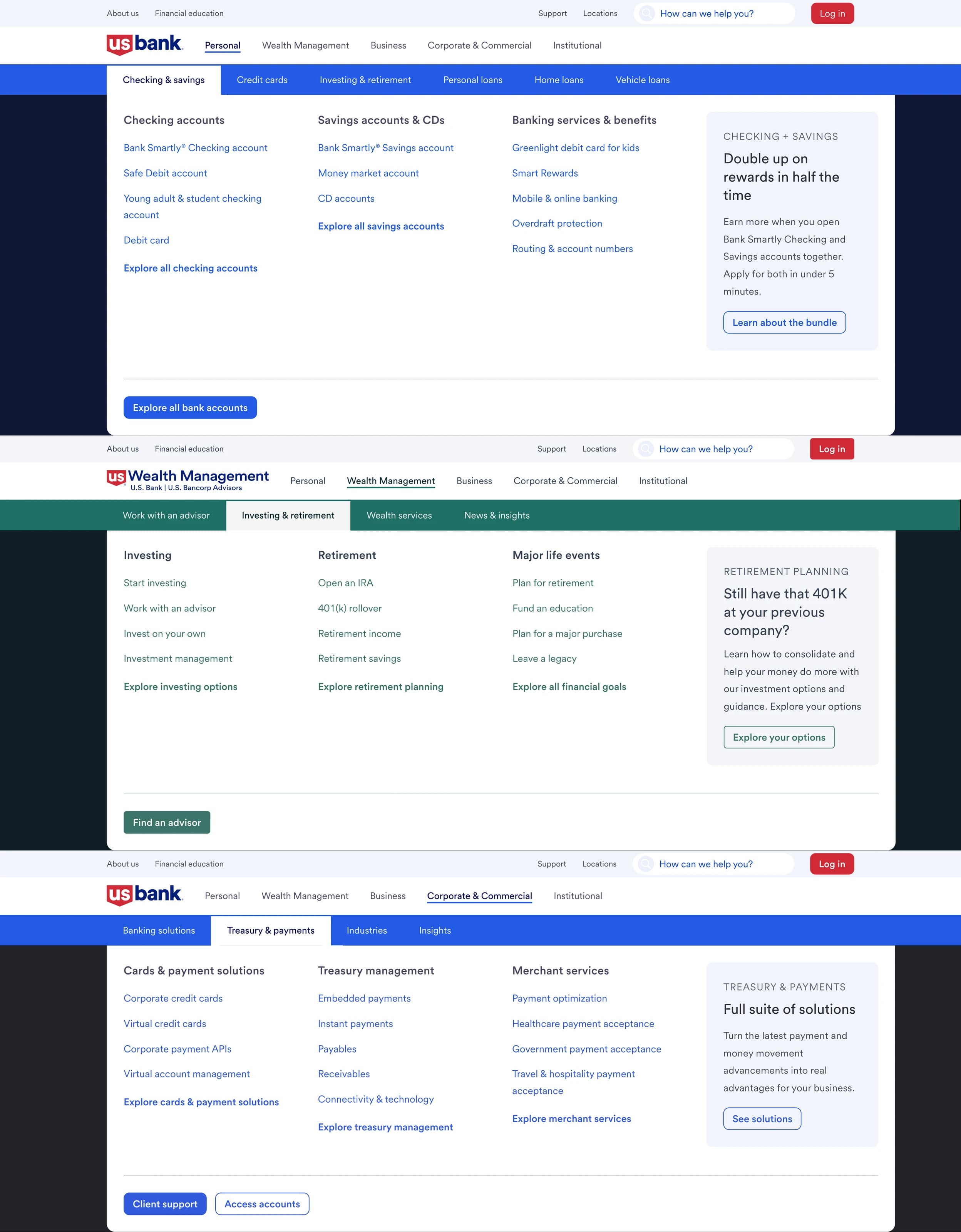 Three navigation panels stacked vertically, one each from Personal, Wealth Management, and Corporate & Commercial. Each panel uses the same architectural pattern — horizontal subsection tabs, parallel product columns with descriptions, a right-side promotional panel, and a primary CTA at the bottom-left — with segment-specific color and label treatments.